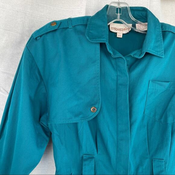 Vintage 80s Alain Toussaint Turquoise Cotton Midi Dress - Picture 2 of 7